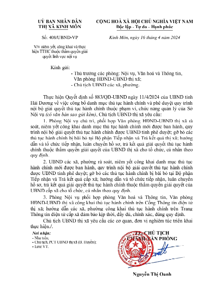 Niêm yết, công khai và thực hiện TTHC thuộc thẩm quyền giải quyết lĩnh vực nội vụ